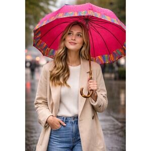 Vintage Rainbow Trim Umbrella Pink Dome Parasol Hook Handle Retro